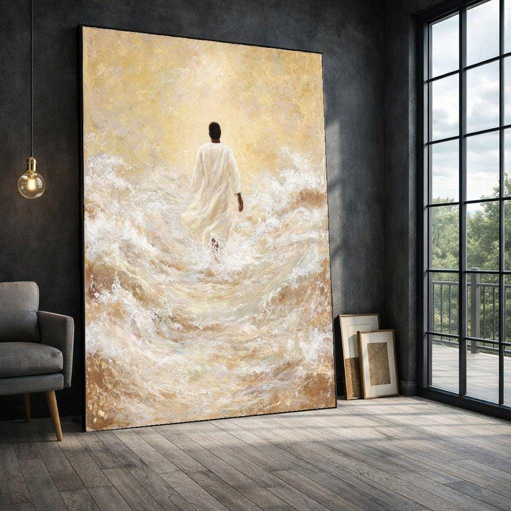 Jesus Walking on Water Framed Wall Art, Divine Ocean Canvas Print, Spiritual Living Room Decor