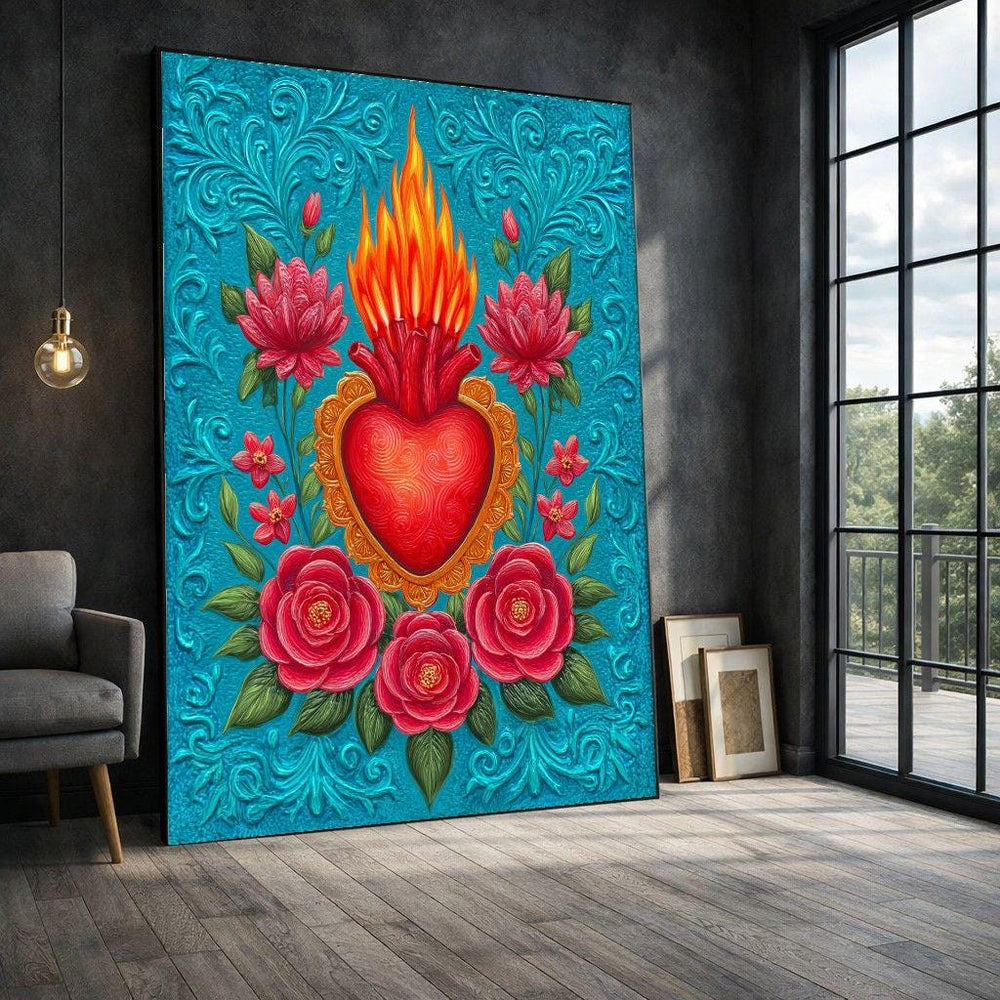 Sacred Heart Framed Wall Art, Bold Floral Canvas Print, Religious Living Room Art