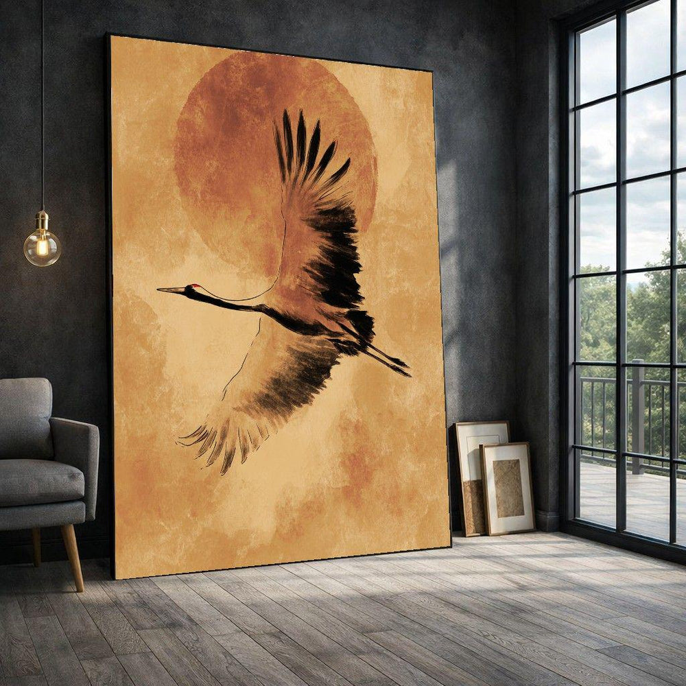 Vintage Crane Framed Wall Art, Sepia Sky Framed Wall Art, Living Room Decor, Modern Art Canvas Print, Vintage Living Room Wall Decor