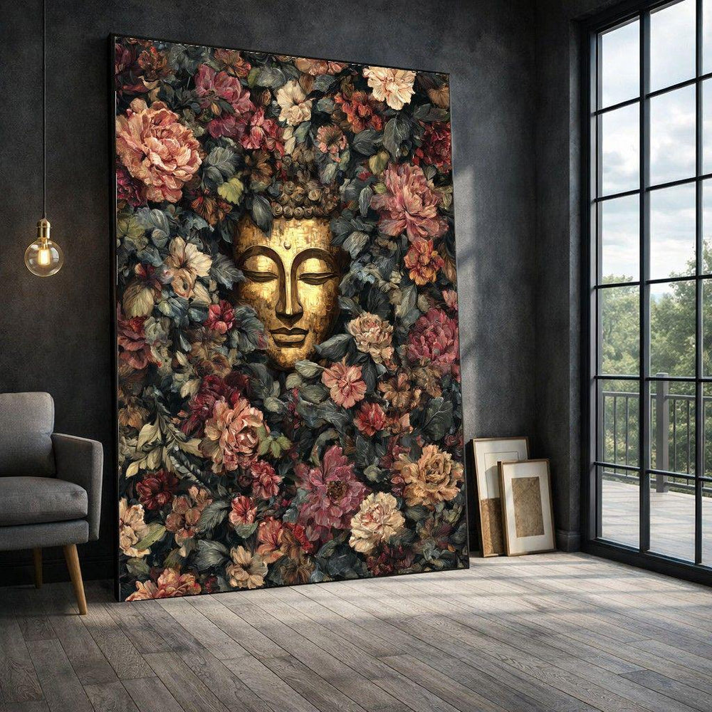 Buddha Floral Portrait Framed Wall Art, Golden Rose Canvas Print, Zen Inspired Living Room Decor