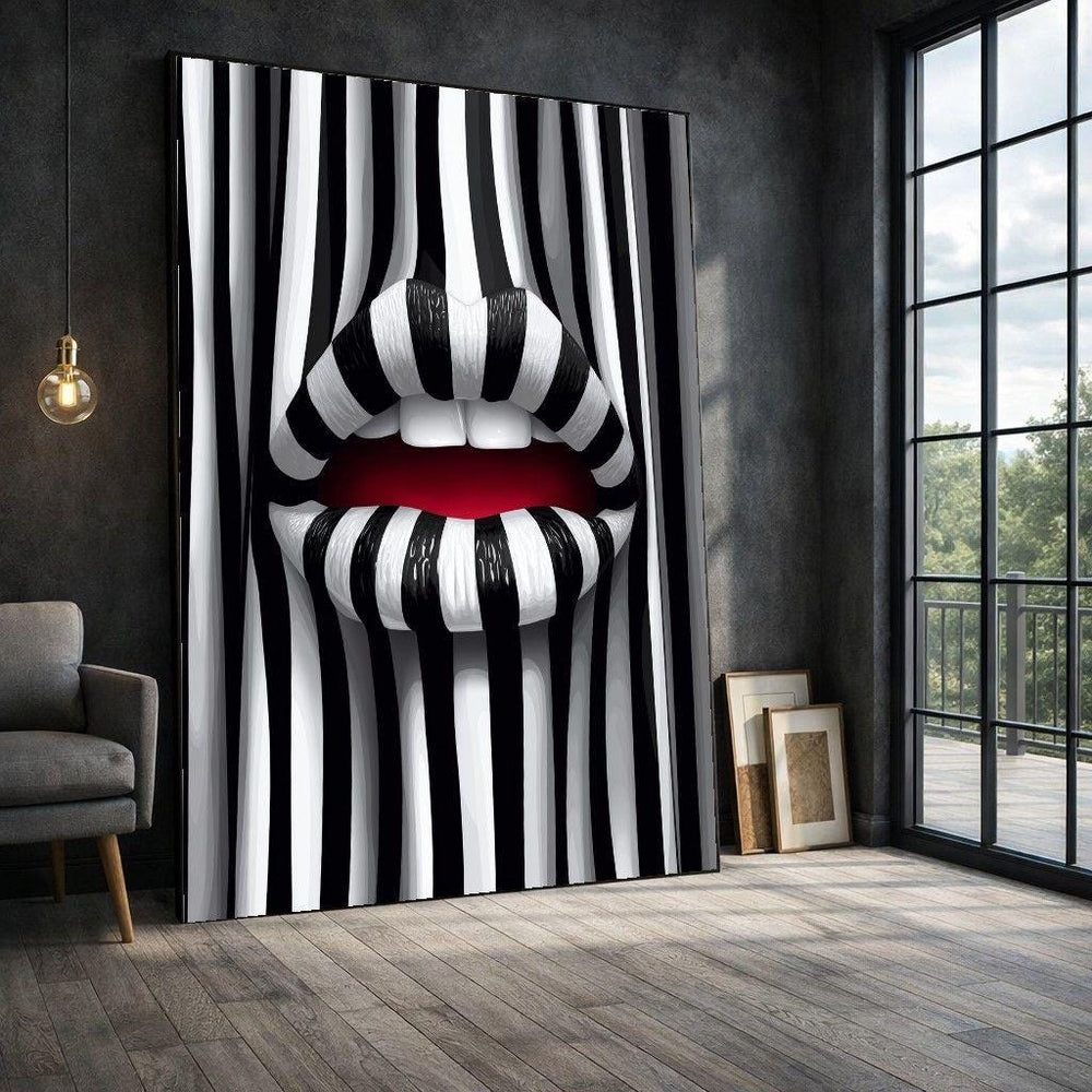 Striped Lips Framed Wall Art, Black White Framed Wall Art, Living Room Decor, Modern Art Canvas Print, Modern Living Room Wall Decor