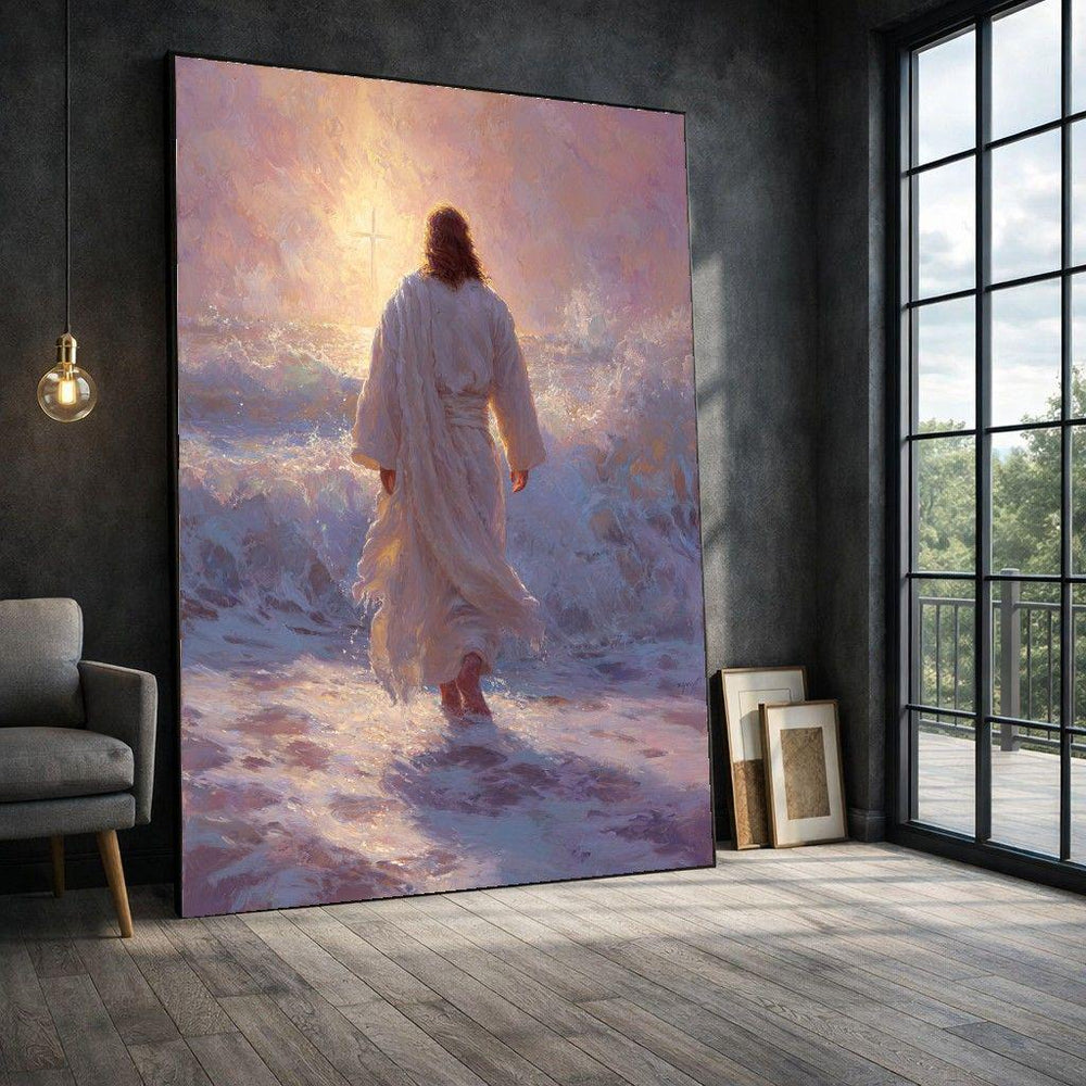 Jesus Walking on Water Framed Wall Art, Spiritual Ocean Canvas Print, Religious Living Room Decor