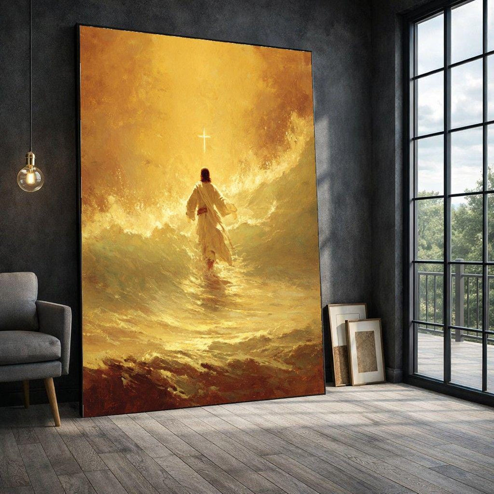 Jesus Walking on Water Framed Wall Art, Golden Wave Canvas Print, Spiritual Living Room Decor