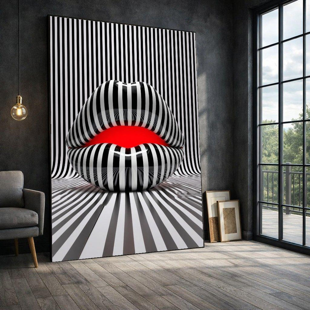 Striped Lips Framed Wall Art, Black White Red Framed Wall Art, Living Room Decor, Modern Art Canvas Print, Modern Living Room Wall Decor