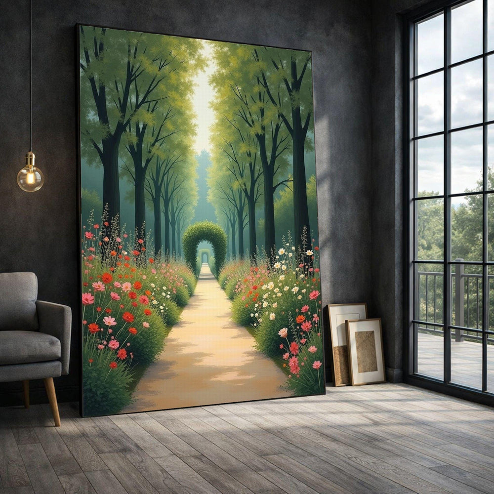 Garden Pathway Framed Wall Art, Vibrant Floral Canvas Print, Nature Living Room Decor