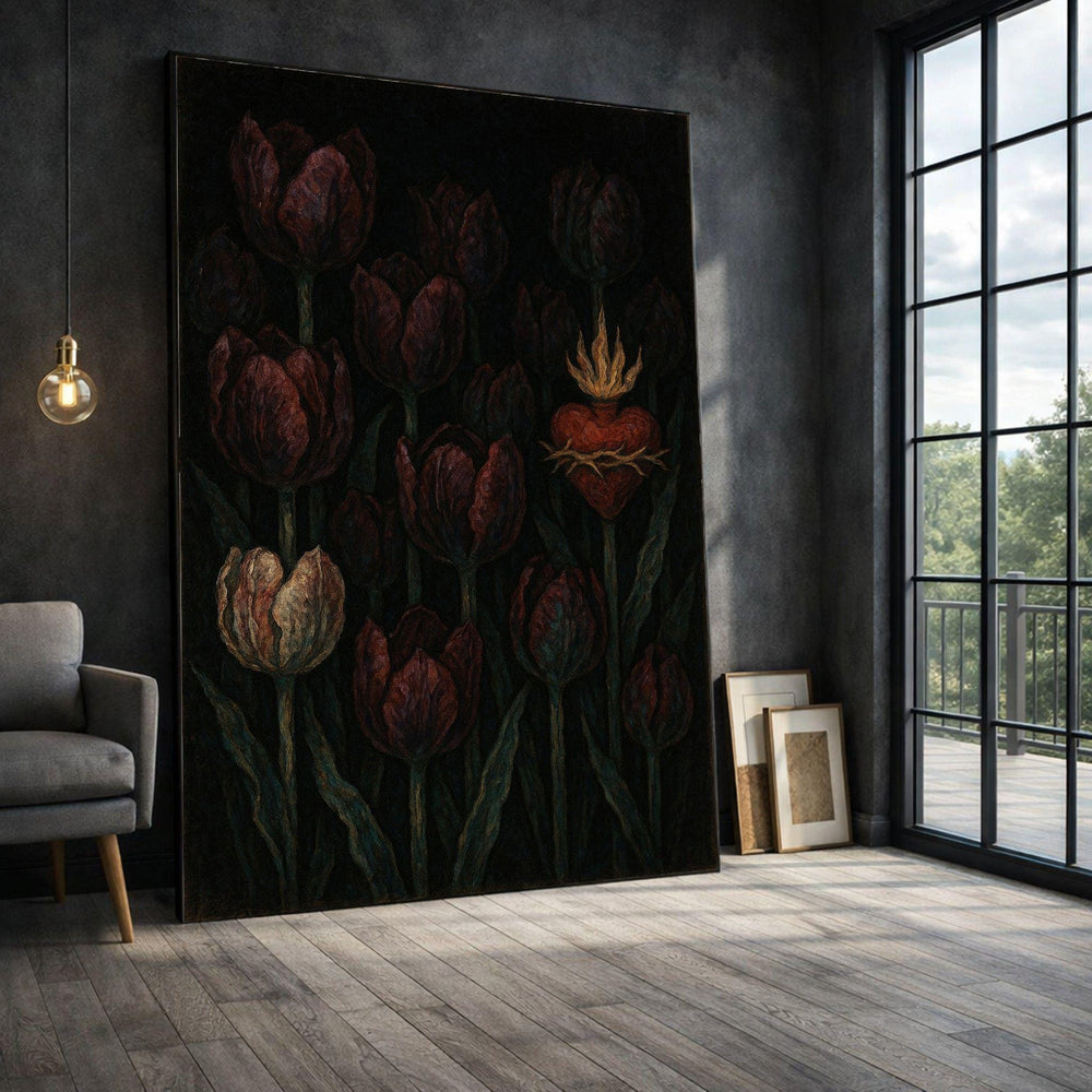 Dark Tulip Framed Wall Art, Gothic Floral Canvas Print, Vintage Botanical Living