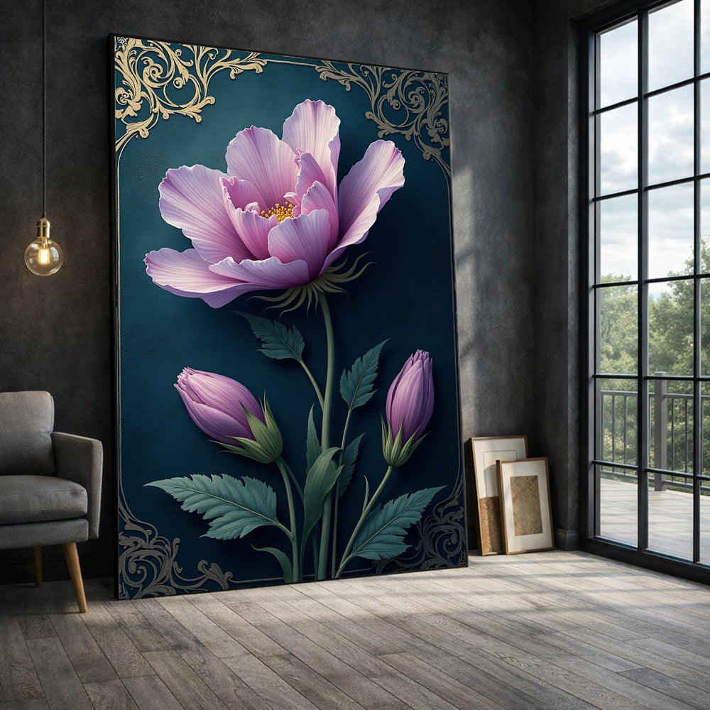 Vintage Floral Framed Wall Art, Purple Peony Canvas Print, Botanical Living Room Decor