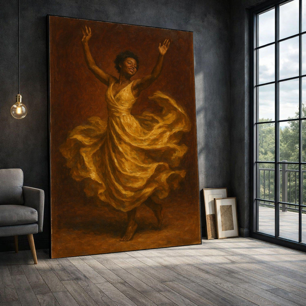 Dancer Framed Wall Art, Golden Flowing Dress Framed Wall Art, Living Room Decor, Modern Art Canvas Print, Modern Living Room Wall Decor
