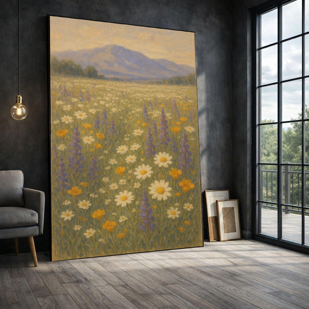 Wildflower Field Framed Wall Art, Vintage Botanical Landscape Canvas Print, Farmhouse Living