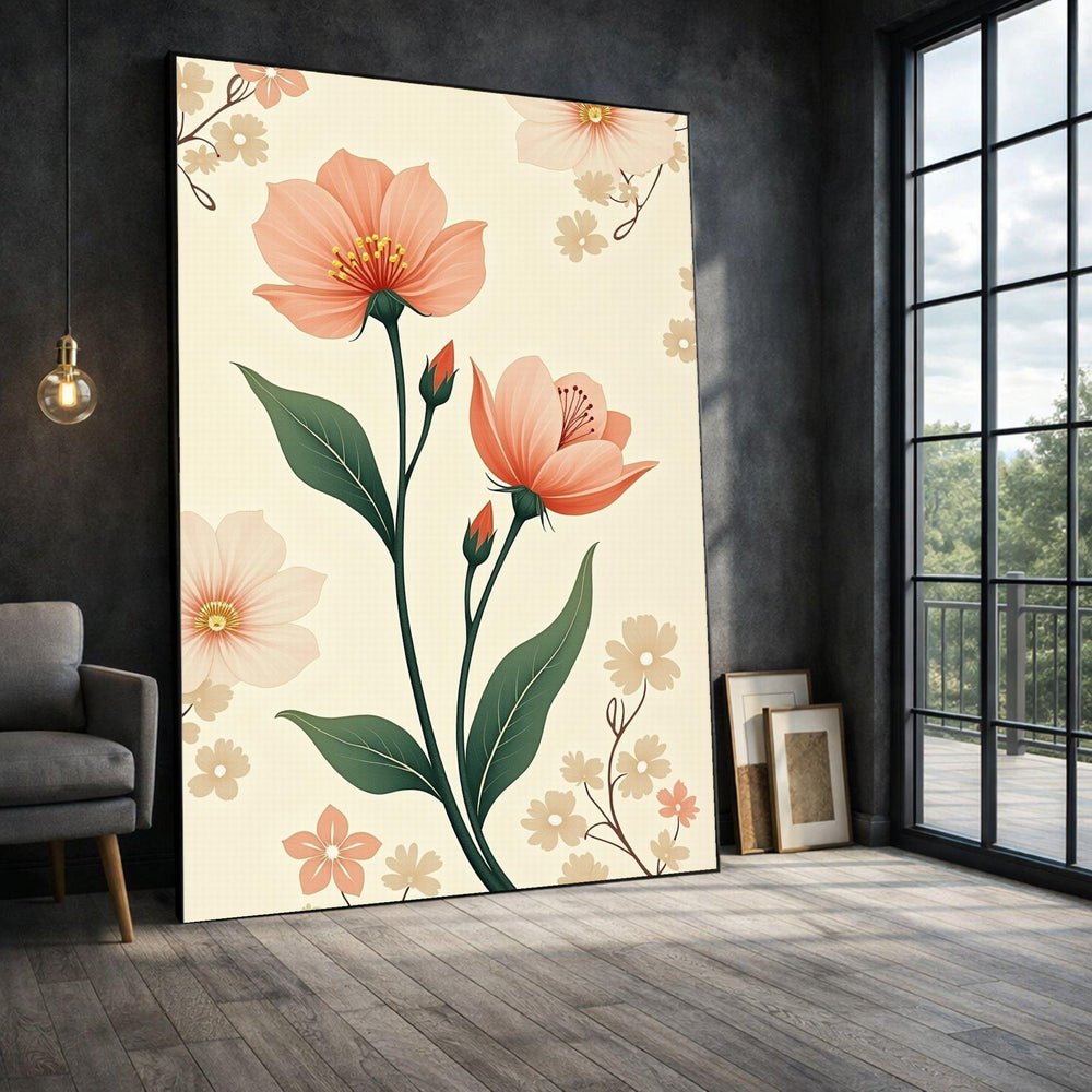 Vintage Floral Framed Wall Art, Peach Blossom Canvas Print, Botanical Living Room Decor
