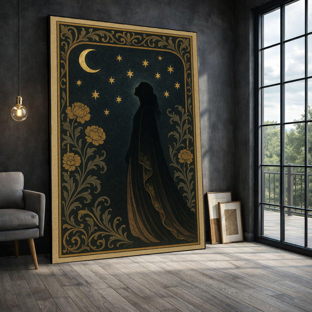 Art Nouveau Night Sky Framed Wall Art, Gold Silhouette Canvas Print, Vintage Bedroom Decor