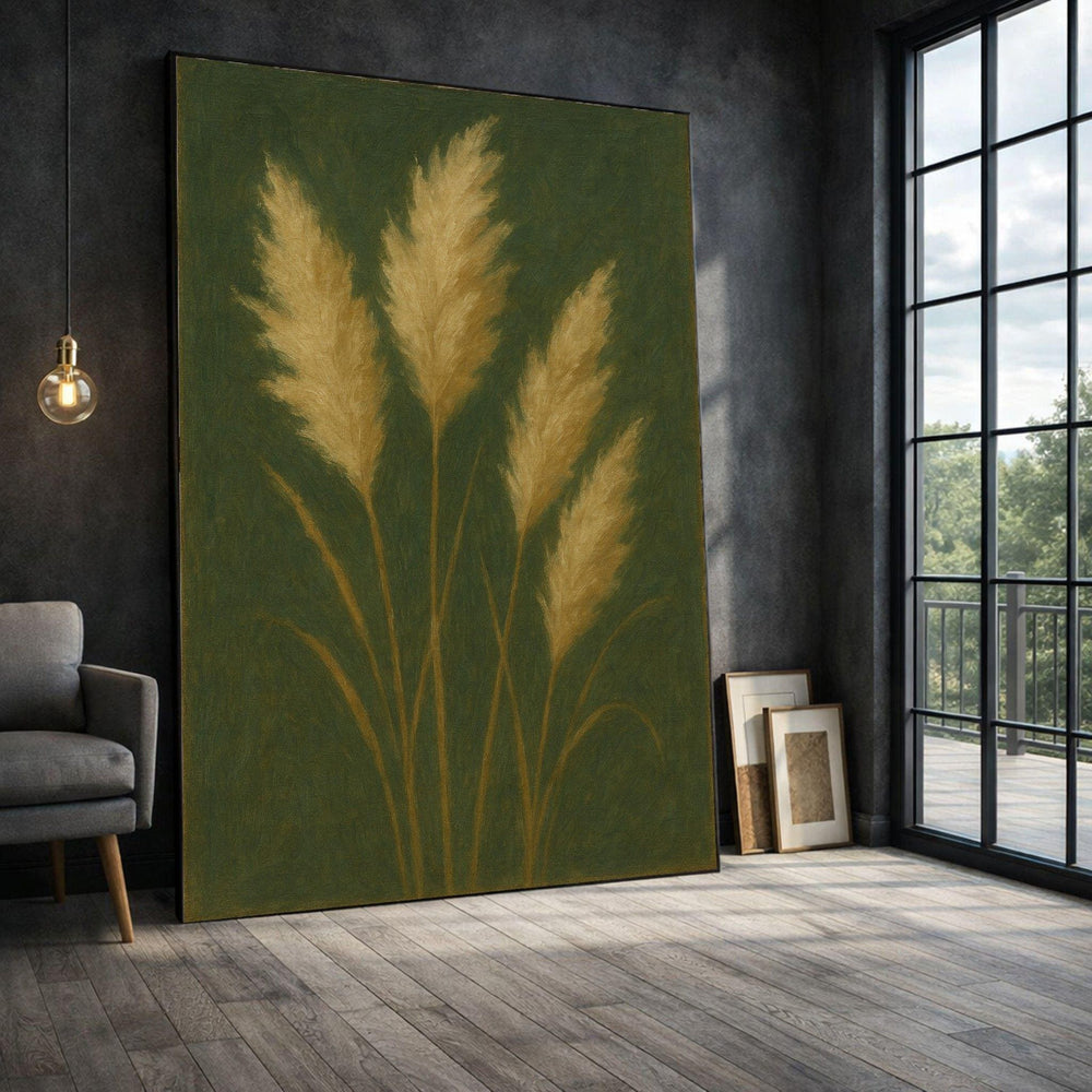 Golden Pampas Grass Framed Wall Art, Olive Green Framed Wall Art, Farmhouse Living, Modern Art Canvas Print