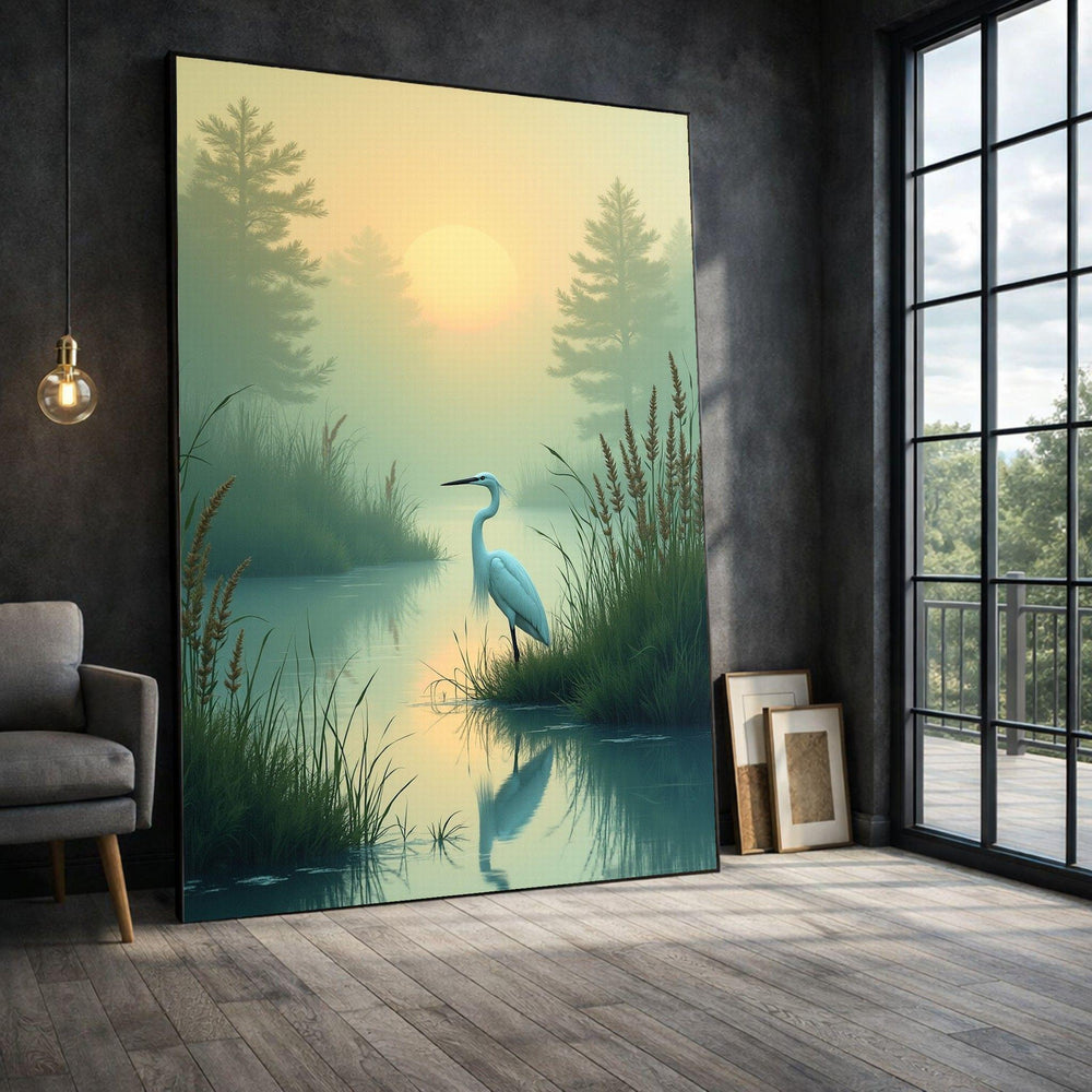 Heron Sunrise Framed Wall Art, Tranquil Misty Lake Canvas Print, Nature Living Room Decor
