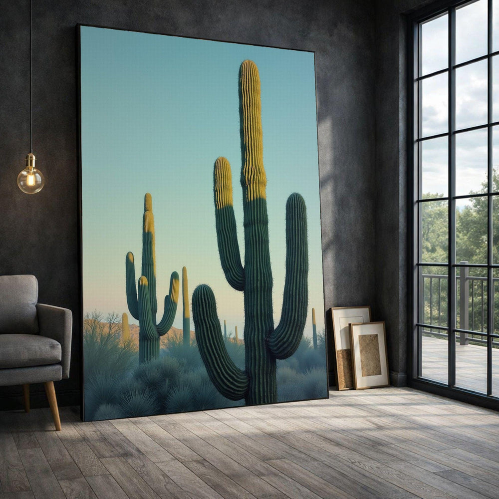 Desert Cactus Framed Wall Art, Sunrise Landscape Canvas Print, Southwestern Living Room Decor