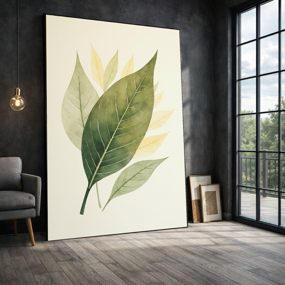 Green Leaf Framed Wall Art, Watercolor Botanical Canvas Print, Living Room Decor