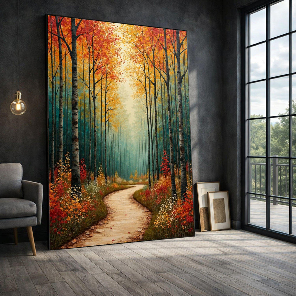 Autumn Forest Path Framed Wall Art, Colorful Woodland Canvas Print, Nature Living Room Decor