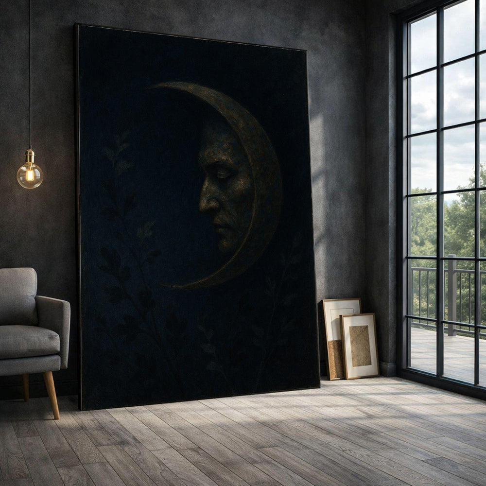 Dark Moon Portrait Framed Wall Art, Mysterious Night Canvas Print, Gothic Living Room Decor