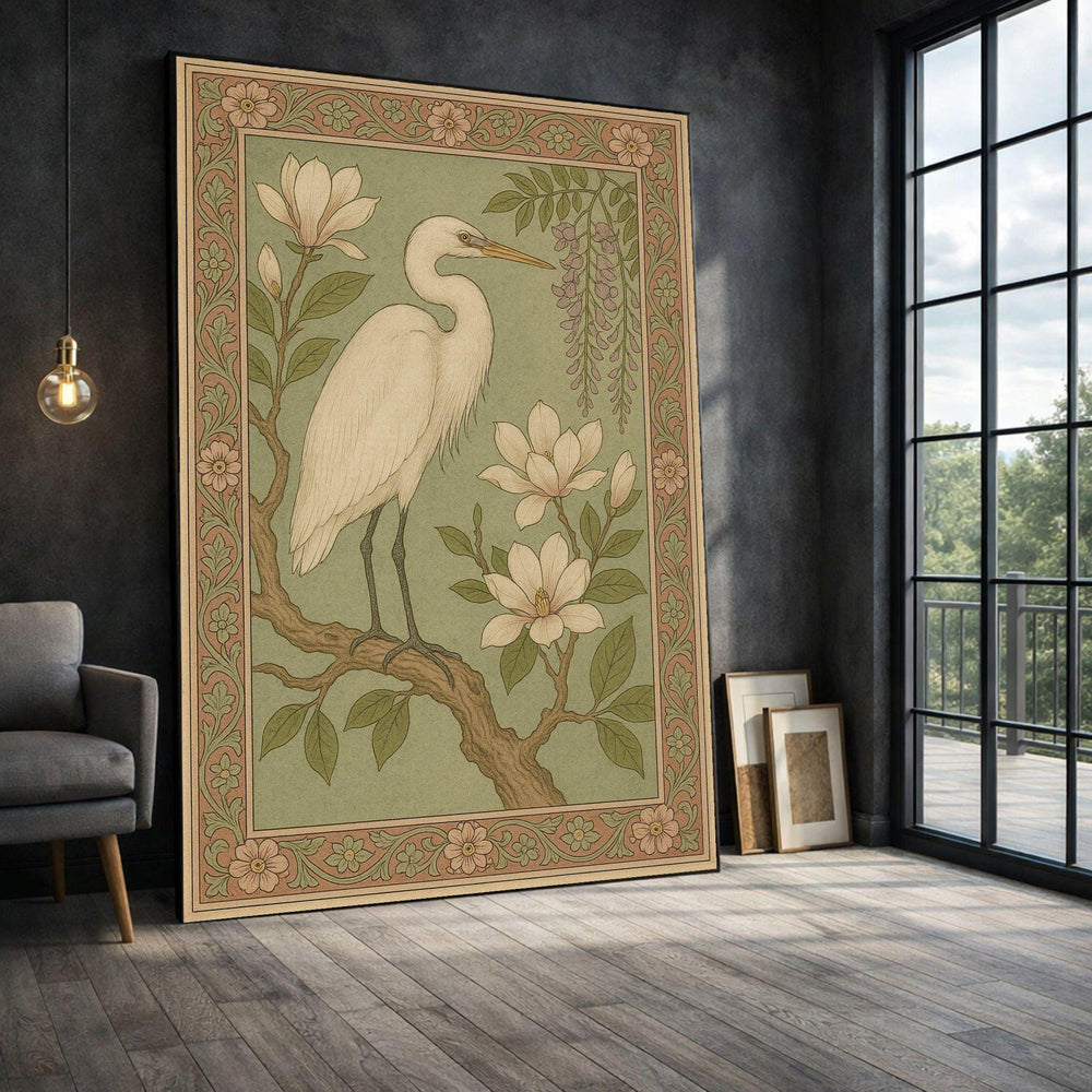Vintage Crane Framed Wall Art, Floral Botanical Canvas Print, Nature Inspired Living