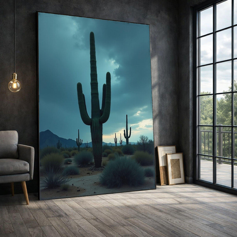 Cactus Desert Framed Wall Art, Moody Blue Landscape Canvas Print, Southwestern Living Room Decor