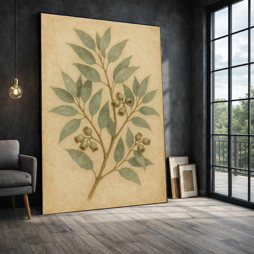 Vintage Botanical Eucalyptus Framed Wall Art, Green Leaf Canvas Print, Farmhouse Living