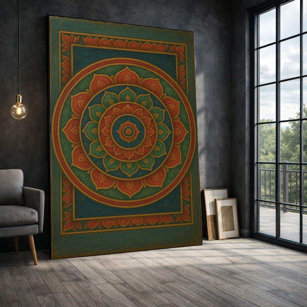 Mandala Framed Wall Art, Teal Orange Spiritual Canvas Print, Meditation Living Room Art