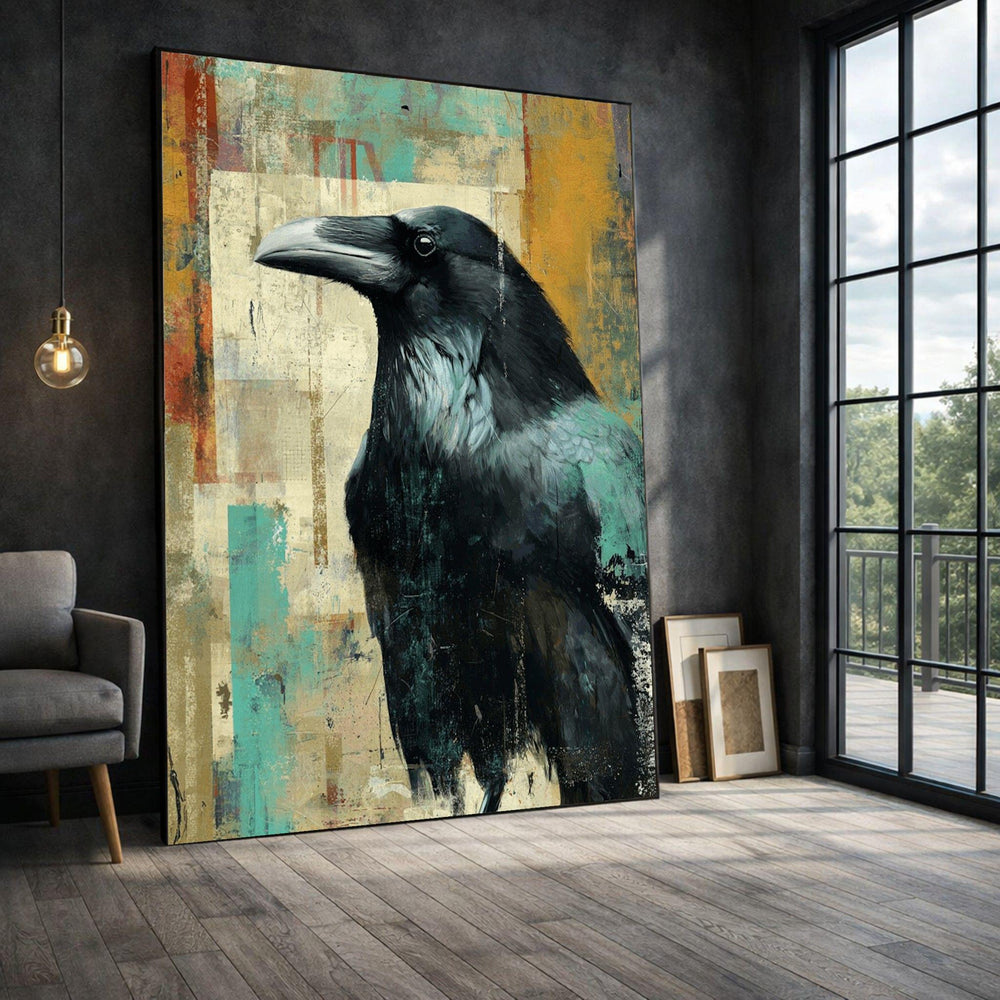 Raven Abstract Framed Wall Art, Teal and Rust Framed Wall Art, Living Room Decor, Modern Abstract Canvas Print