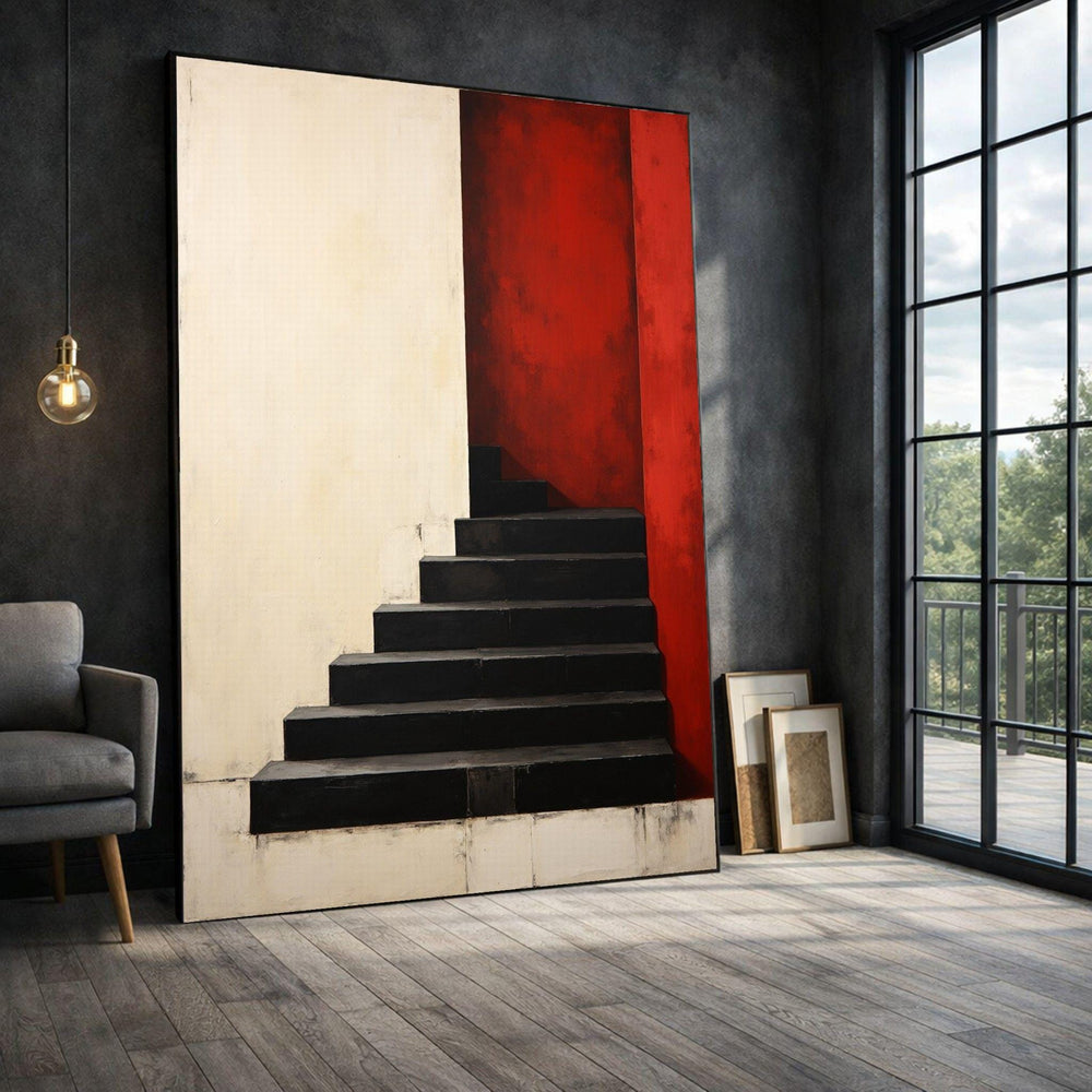 Abstract Staircase Framed Wall Art, Red Black Minimalist Canvas Print, Living Room Decor