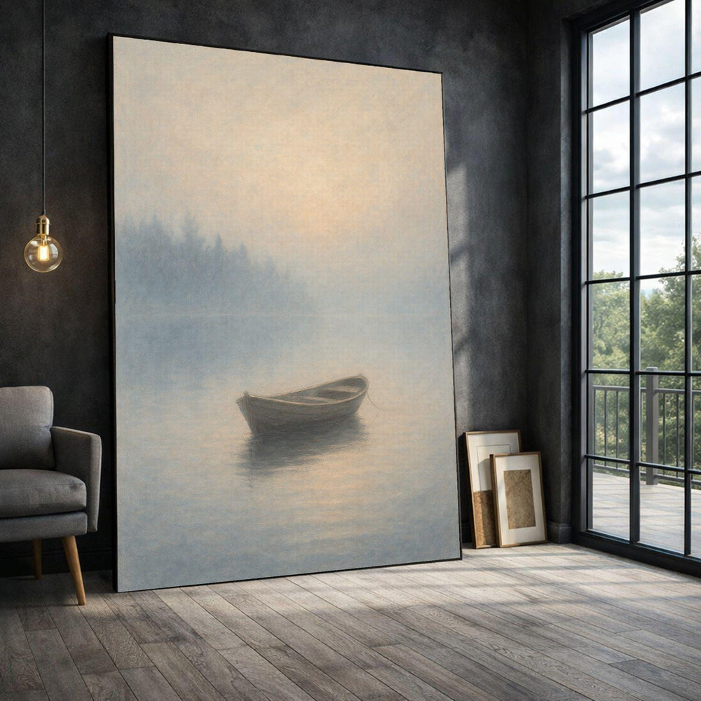 Serene Boat Framed Wall Art, Misty Lake Canvas Print, Minimalist Living Room Decor