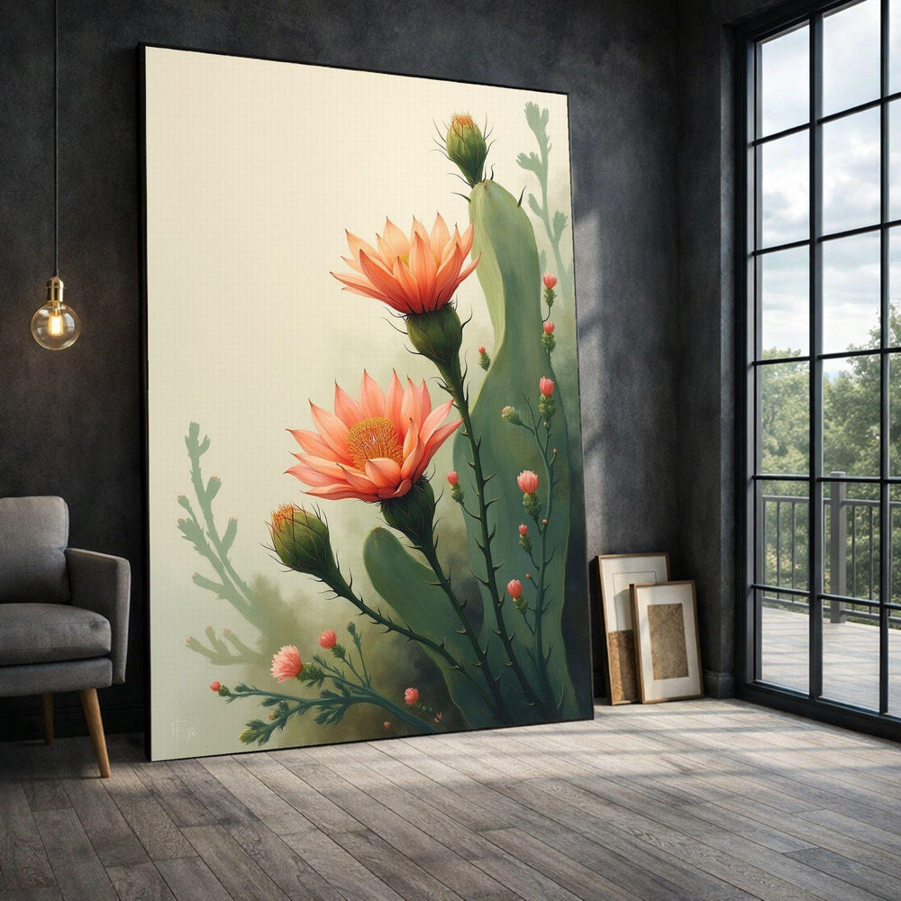 Cactus Blossom Framed Wall Art, Coral Green Botanical Canvas Print, Living Room Decor