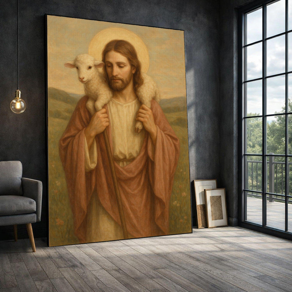 Jesus Good Shepherd Framed Wall Art, Pastoral Lamb Canvas Print, Religious Living Room Decor