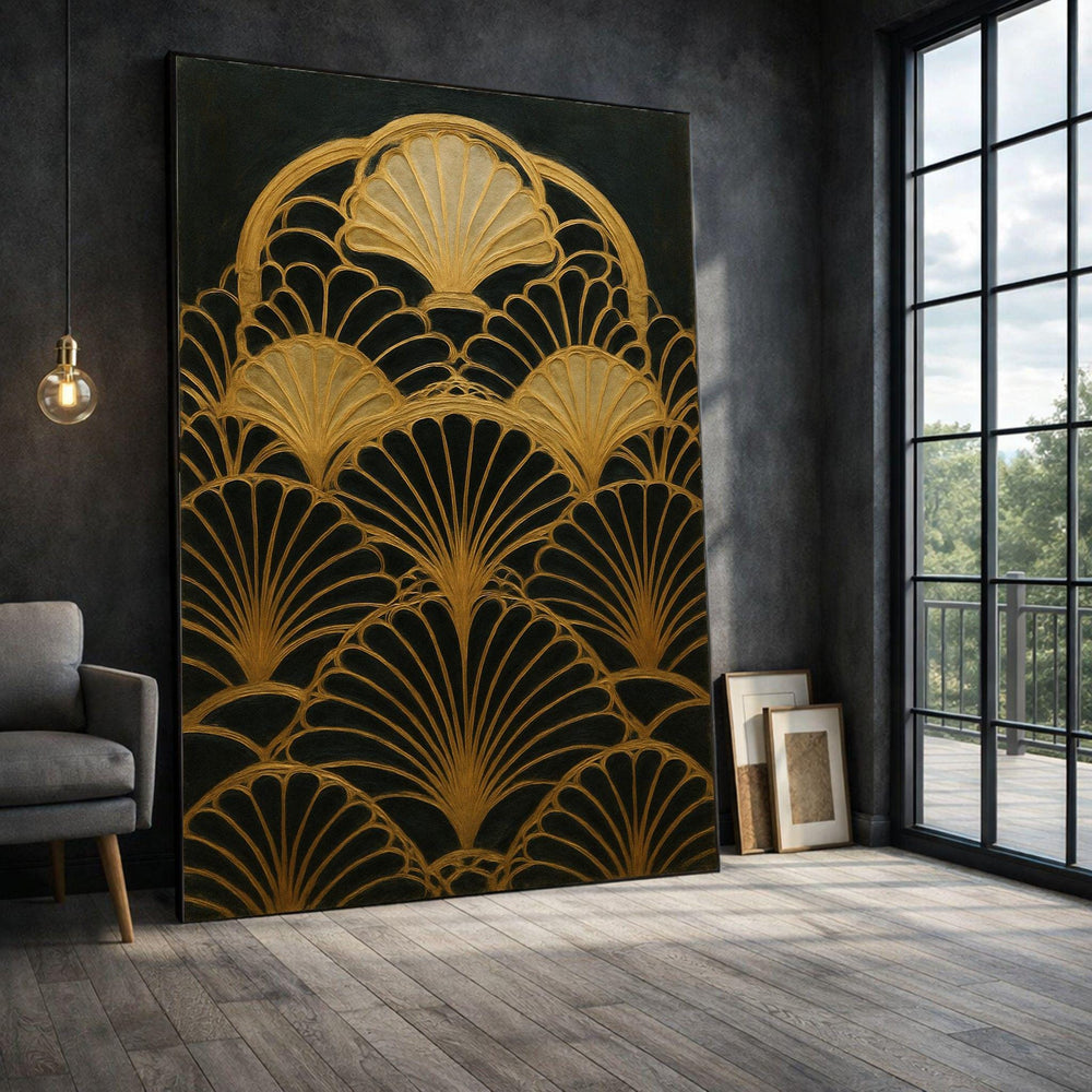 Art Deco Shell Pattern Framed Wall Art, Gold Black Canvas Print, Vintage Living Room Decor