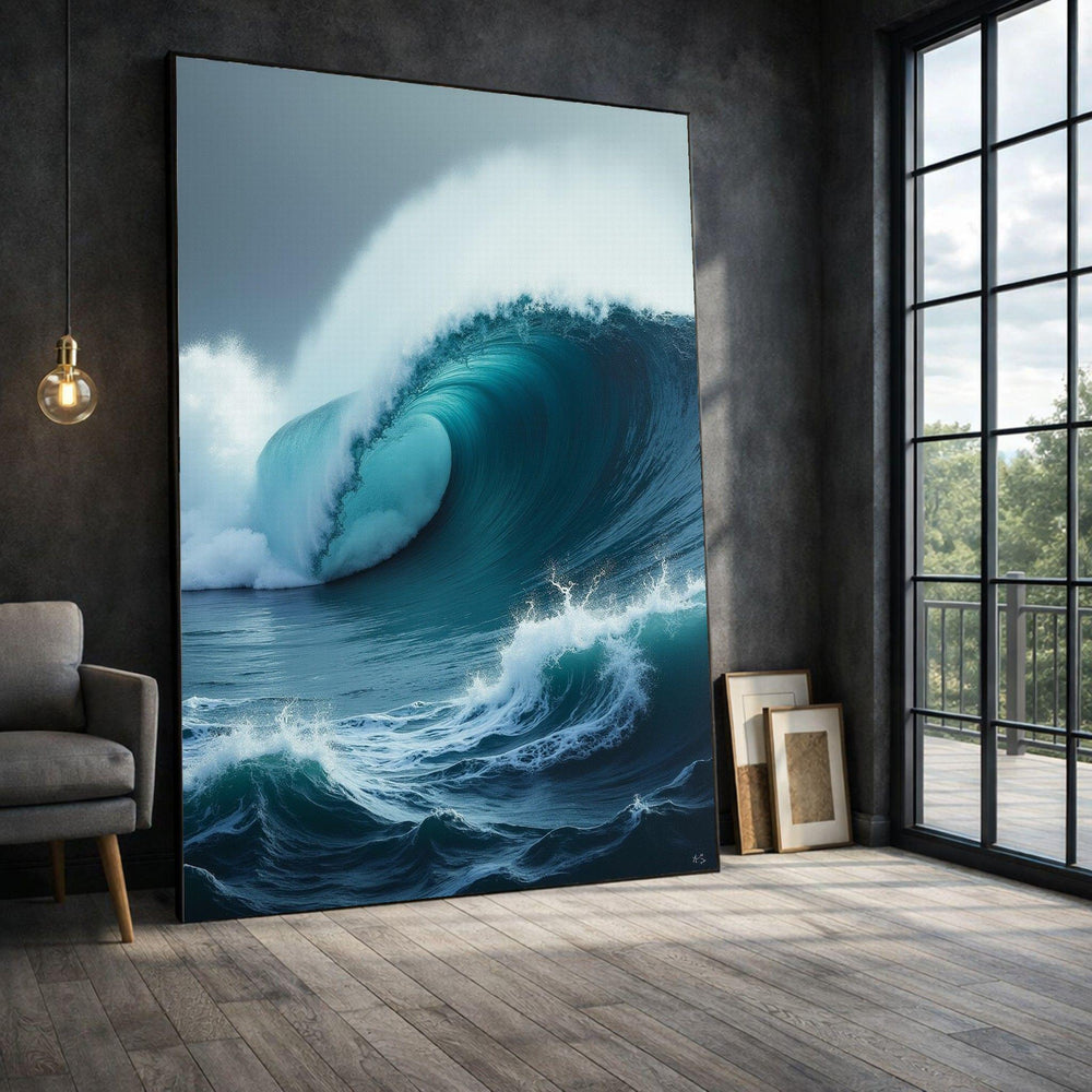 Ocean Wave Framed Wall Art, Turquoise Surf Canvas Print, Coastal Living Room Art