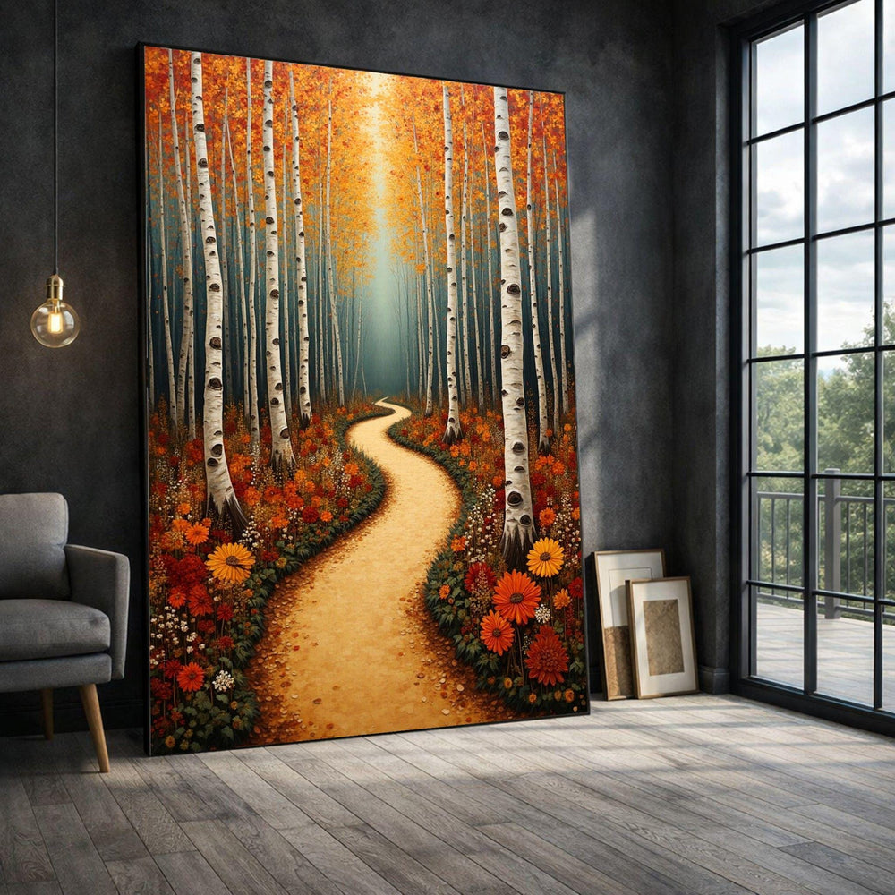 Birch Forest Path Framed Wall Art, Autumn Gold Canvas Print, Nature Living Room Decor
