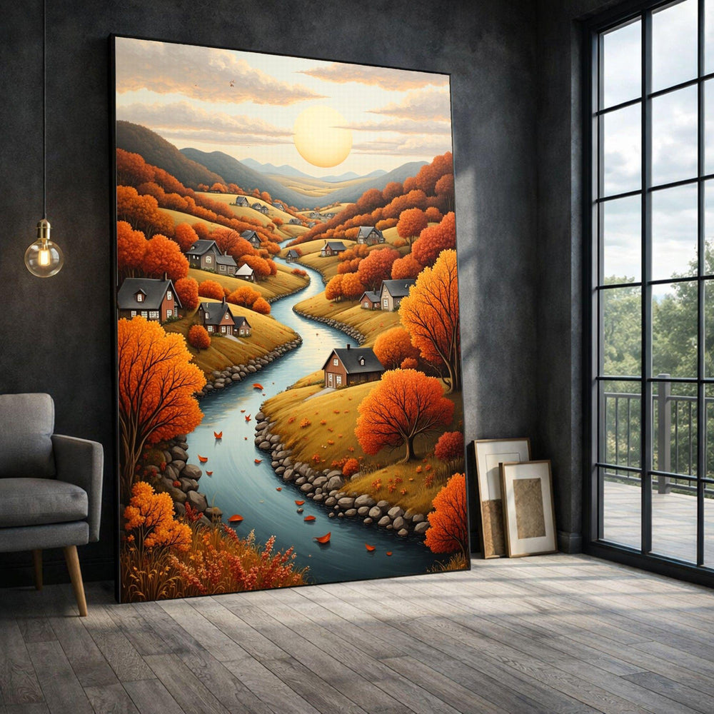Autumn Valley Framed Wall Art, Orange Landscape Canvas Print, Nature Living Room Decor