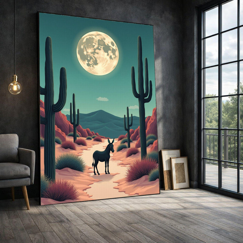 Desert Nightscape Framed Wall Art, Moonlit Cactus Landscape Canvas Print, Southwestern Living Room Decor