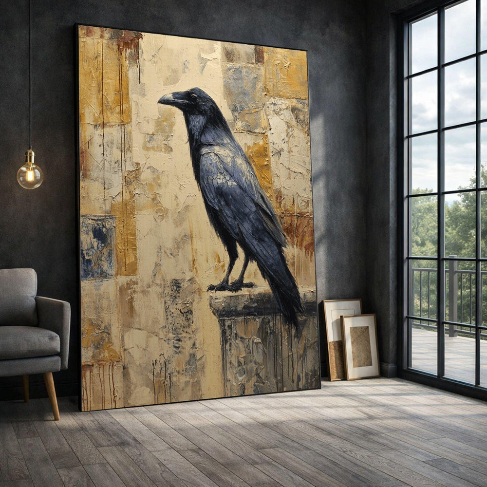 Raven Framed Wall Art, Blue Gold Framed Wall Art, Rustic Living Room Decor, Modern Art Canvas Print, Rustic Farmhouse Living Room Decor