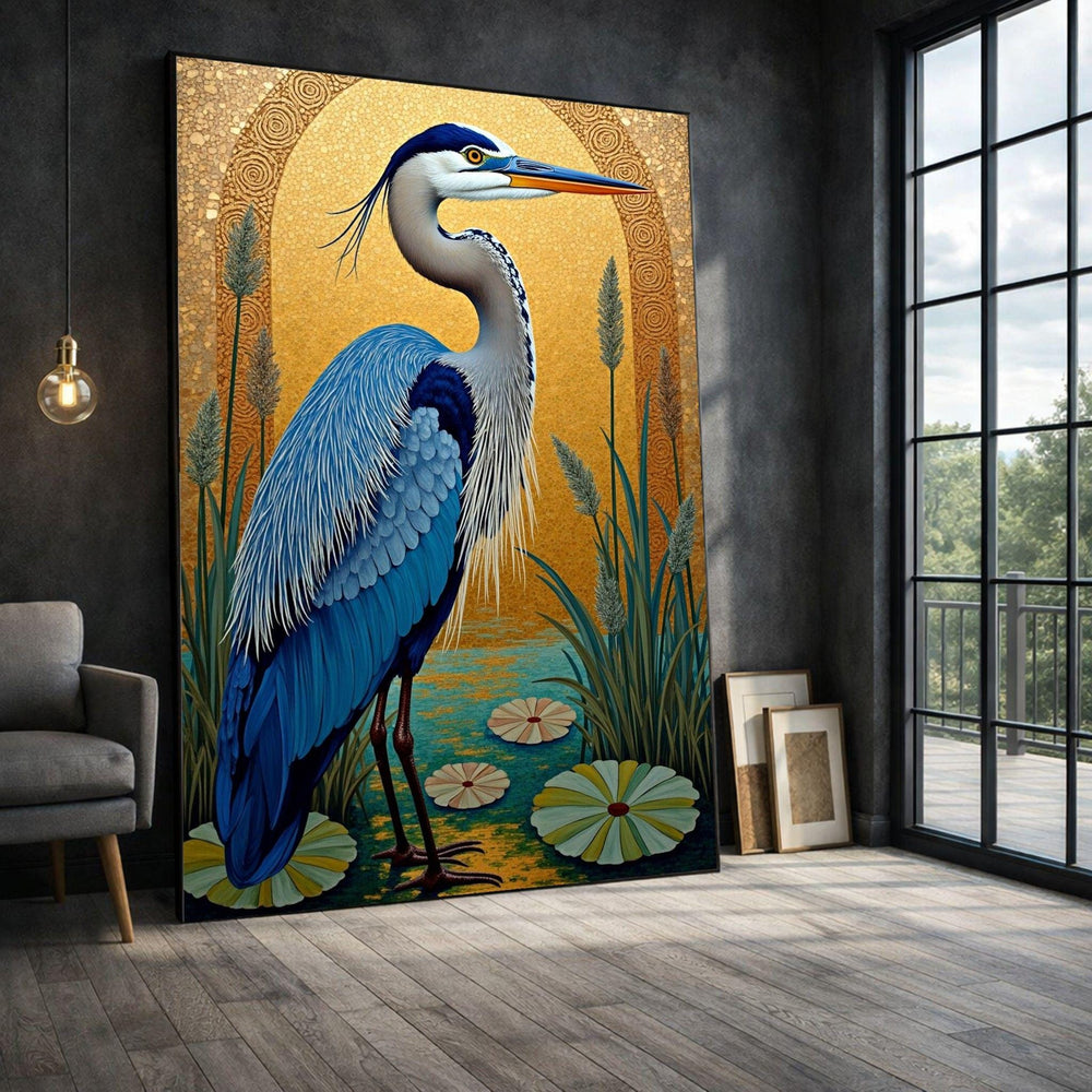 Blue Heron Framed Wall Art, Gold Leaf Botanical Framed Wall Art, Living Room Decor, Botanical Floral Canvas Print