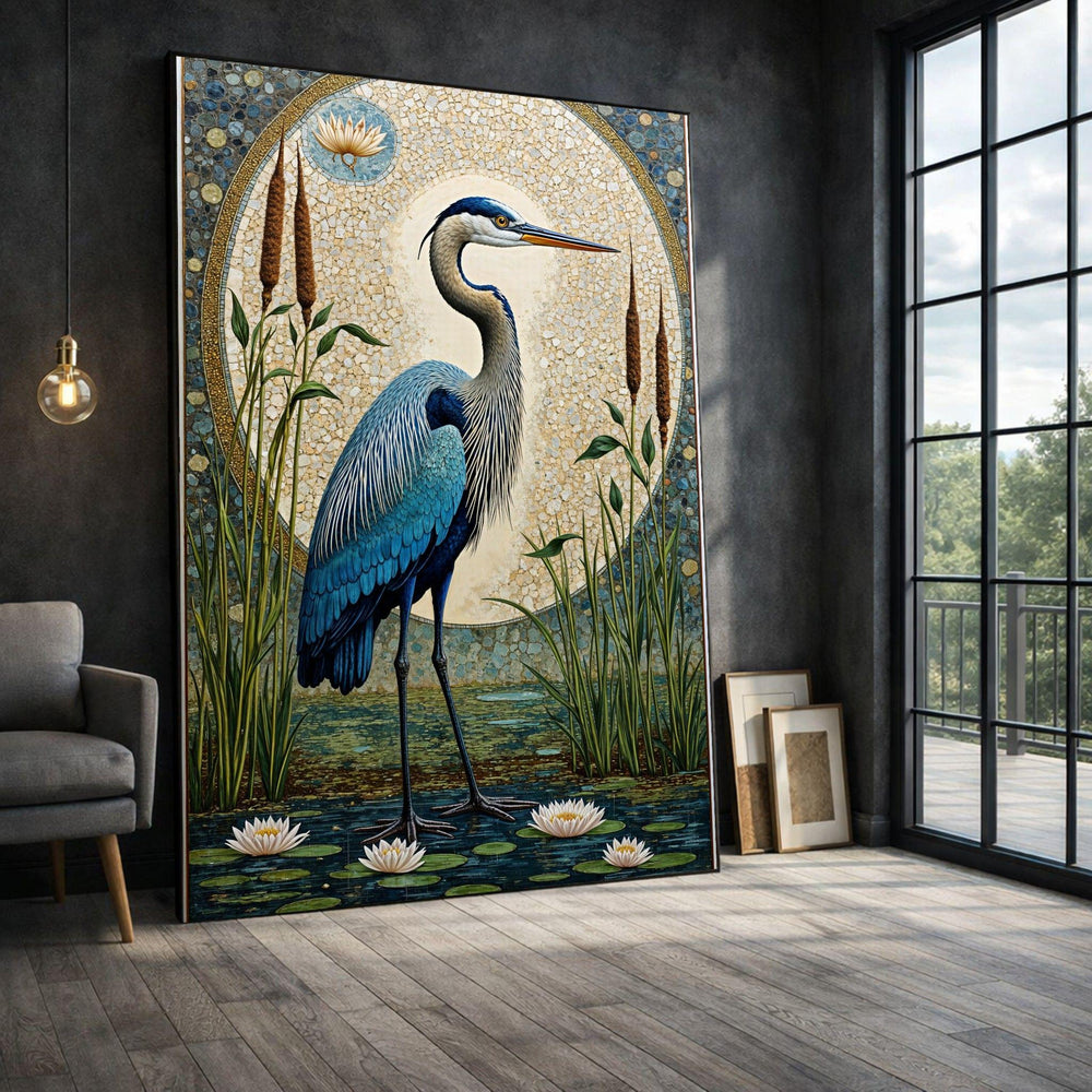 Blue Heron Framed Wall Art, Mosaic Style Framed Wall Art, Living Room Decor, Modern Art Canvas Print, Modern Living Room Wall Decor