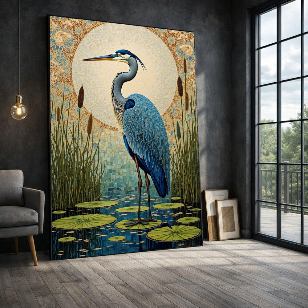 Blue Heron Framed Wall Art, Mosaic Nature Framed Wall Art, Living Room Decor, Modern Art Canvas Print, Modern Living Room Wall Decor