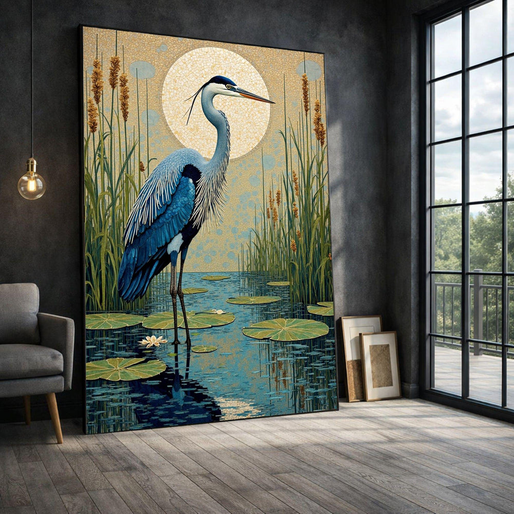 Blue Heron Framed Wall Art, Golden Wetland Framed Wall Art, Nature Living, Modern Art Canvas Print, Modern Living Room Wall Decor