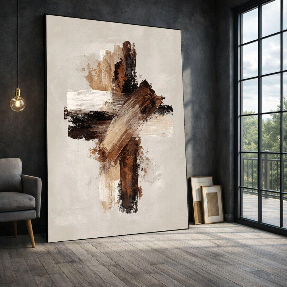 Abstract Cross Framed Wall Art, Neutral Brown Brushstroke Canvas Print, Living Room Decor