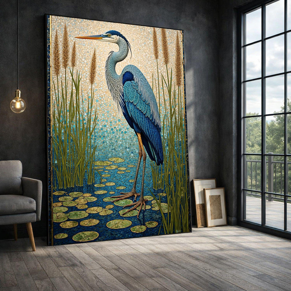 Blue Heron Framed Wall Art, Pond Framed Wall Art, Living Room Decor, Modern Art Canvas Print, Modern Living Room Wall Decor