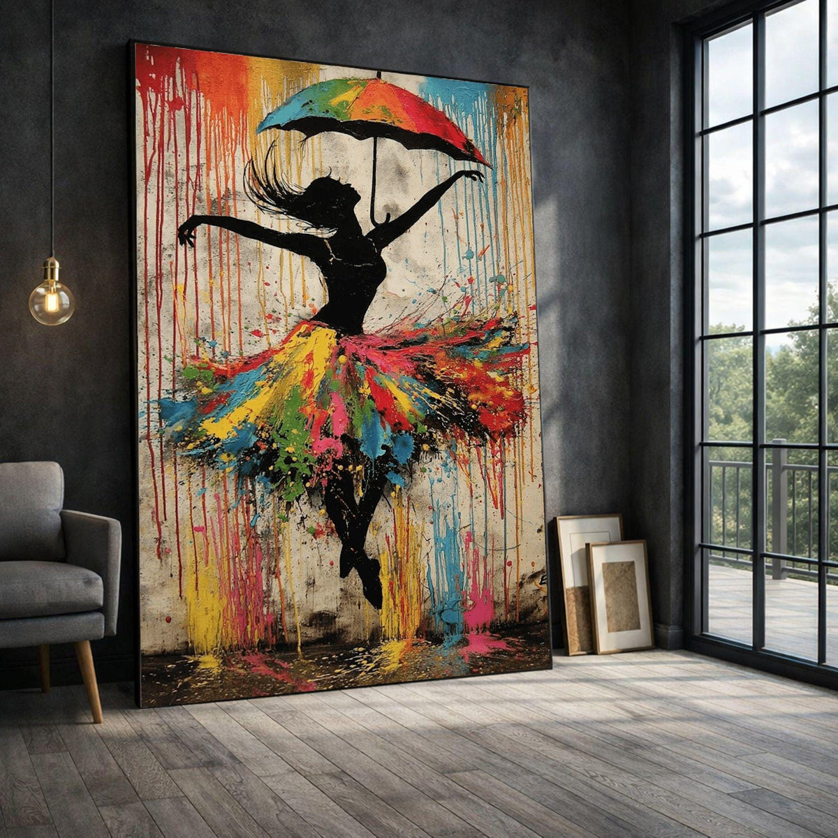 Image 1 of Ballerina Silhouette Framed Wall Art, Colorful Umbrella Dance Canvas Print, Living Room Decor
