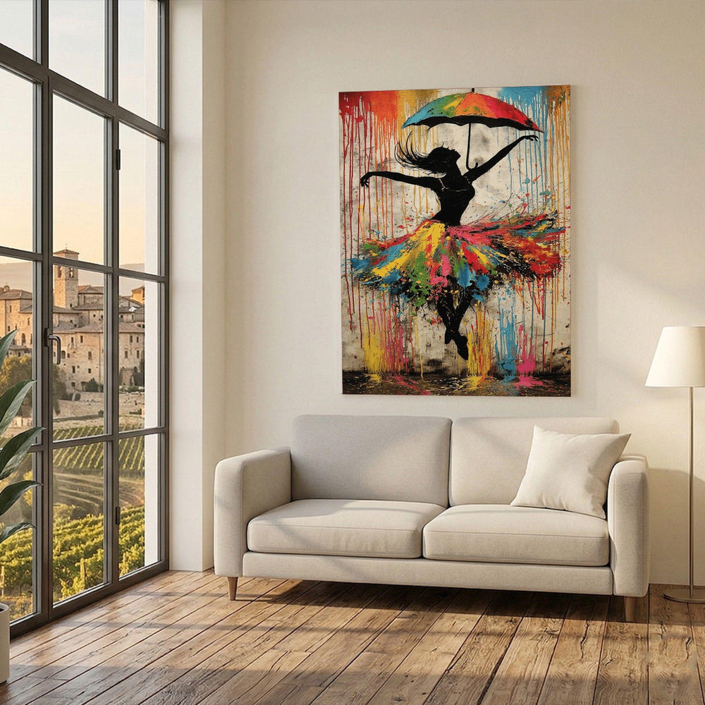 Ballerina Silhouette Framed Wall Art, Colorful Umbrella Dance Canvas Print, Living Room Decor