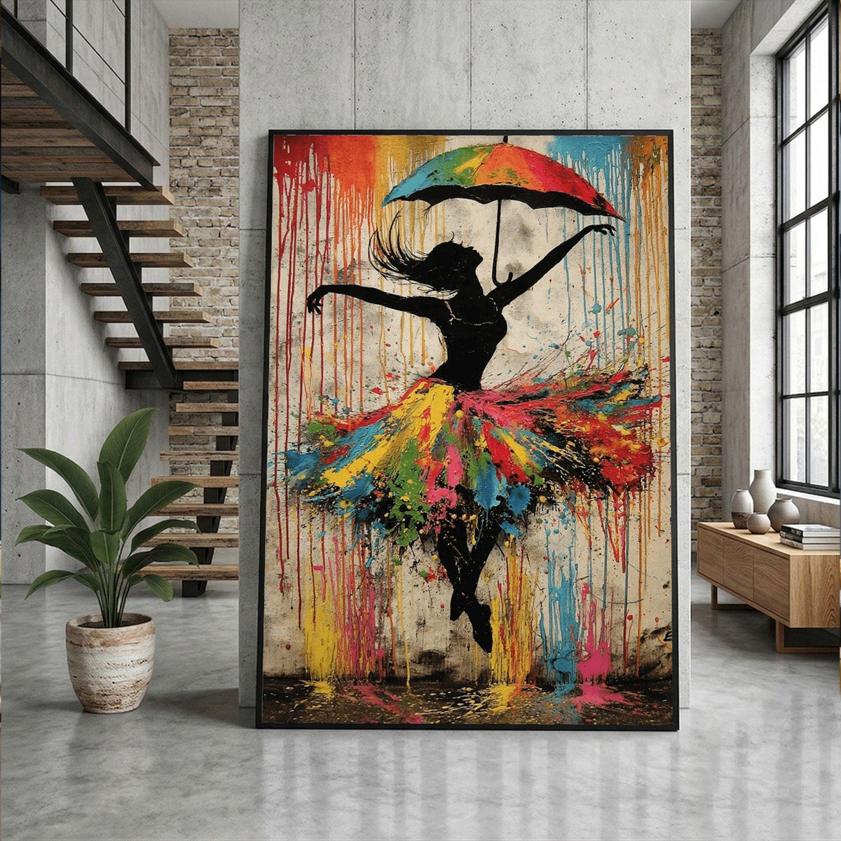 Image 3 of Ballerina Silhouette Framed Wall Art, Colorful Umbrella Dance Canvas Print, Living Room Decor