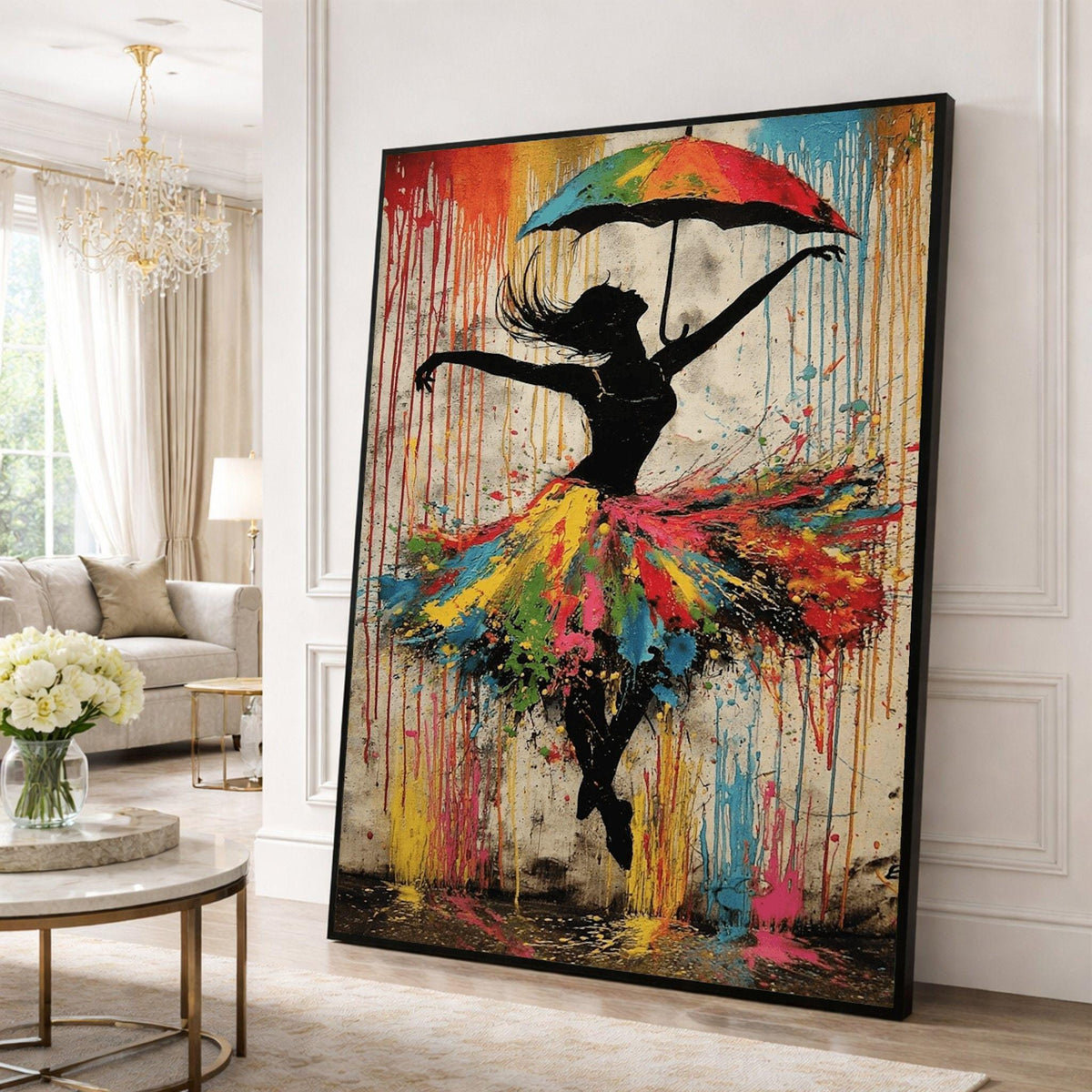 Image 6 of Ballerina Silhouette Framed Wall Art, Colorful Umbrella Dance Canvas Print, Living Room Decor