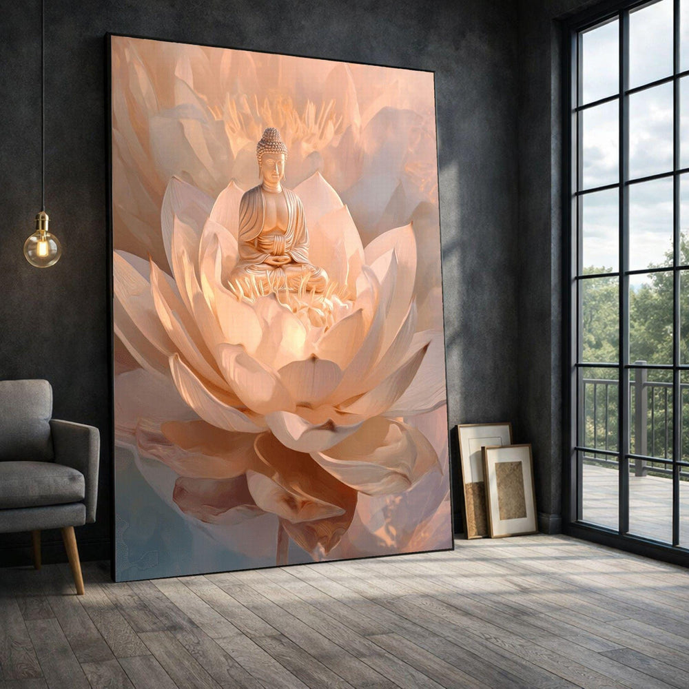 Buddha Lotus Framed Wall Art, Peach Spiritual Framed Wall Art, Zen Meditation, Spiritual Zen Canvas Print, Zen Meditation Room Wall Decor