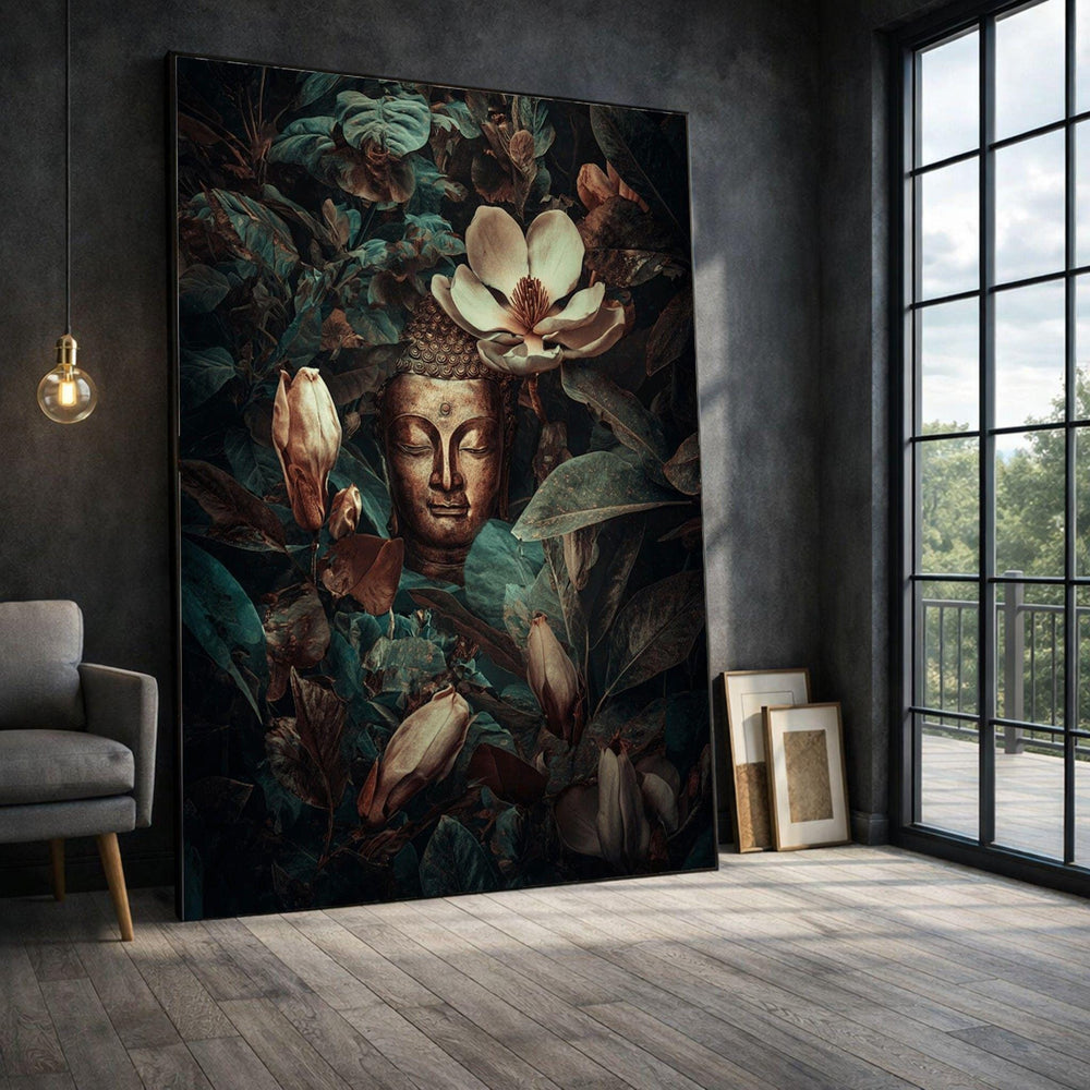 Buddha Meditation Floral Framed Wall Art, Vintage Botanical Canvas Print, Zen Living Room Decor