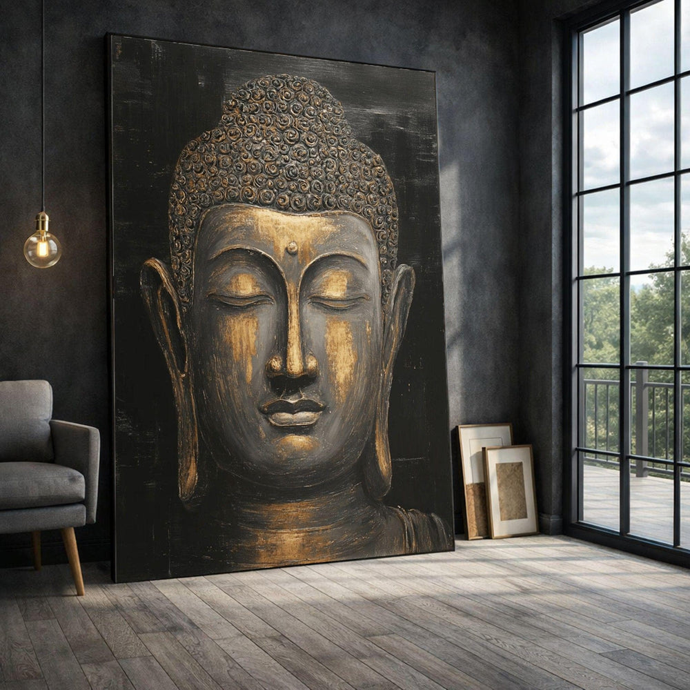 Buddha Meditation Golden Framed Wall Art, Zen Spiritual Canvas Print, Minimalist Living Room Decor