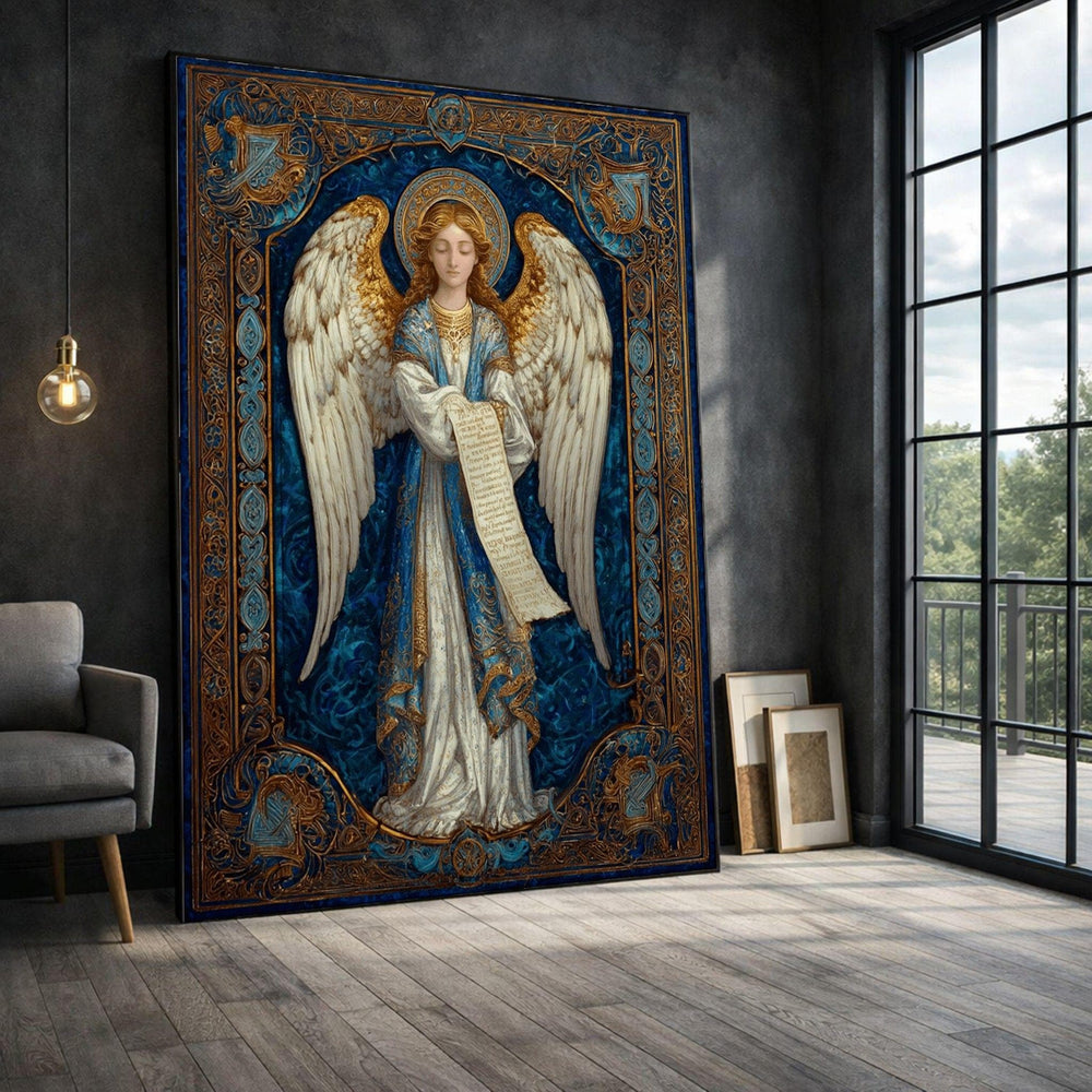 Angelic Byzantine Framed Wall Art, Ornate Blue Gold Canvas Print, Vintage Religious Living